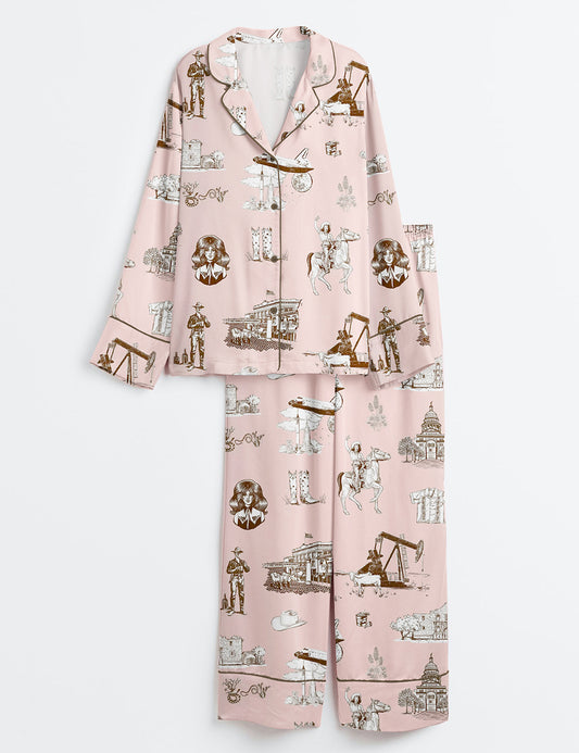 Women’s Watercolor Western Texas Horse Ranch Cowboy Print Western Cowgirl Texas Travel Print Long Sleeve Satin Pajama Set