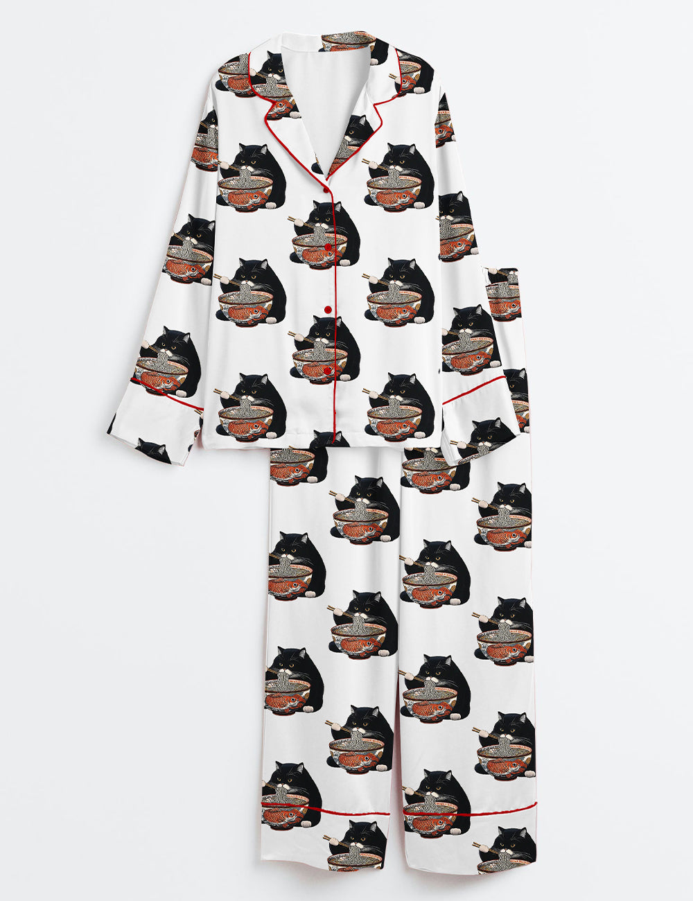 Women’s Fat Cat Eating Ramen Long Sleeve Satin Pajama Set