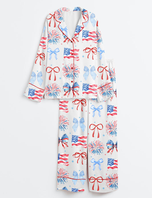 Women’s USA Coquette Bow Retro America 4th Of July Print Long Sleeve Satin Pajama Set
