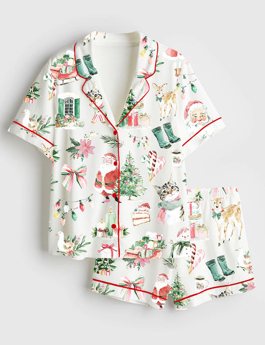 Women’s Watercolor Quirky Christmas Coquette Santa Claus Short Sleeve Satin Pajama Set
