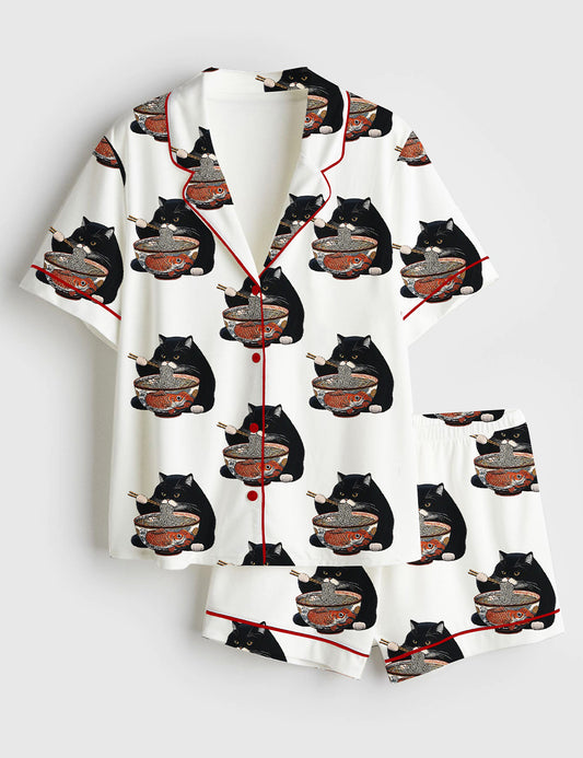 Women’s Fat Cat Eating Ramen Short Sleeve Satin Pajama Set