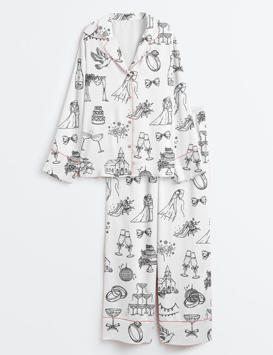 Women’s Hand Drawn Wedding Icons Champagne Wedding Timeline Print Long Sleeve Satin Pajama Set