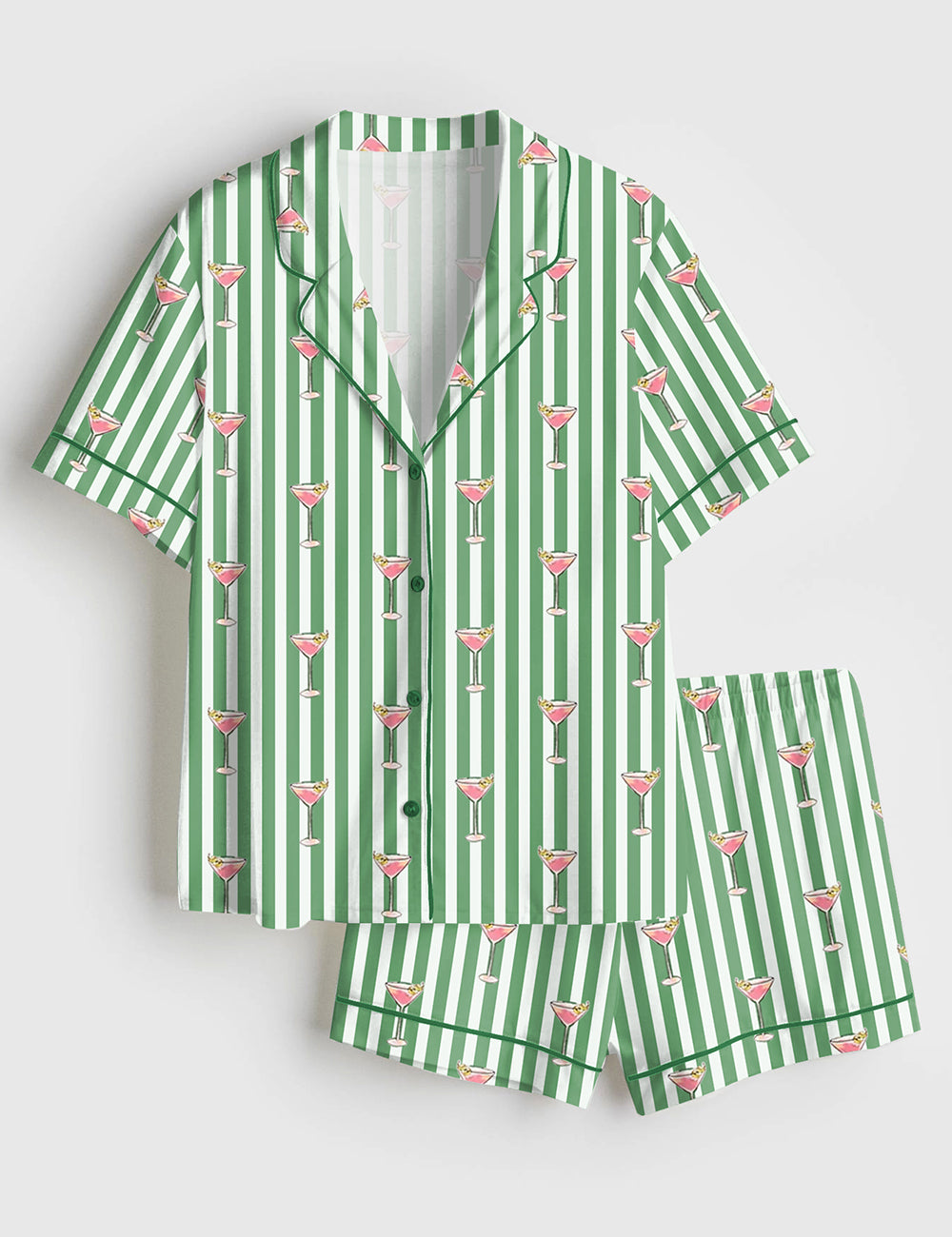 Women’s Pink Martini With Green Stripes Wine Short Sleeve Satin Pajama Set