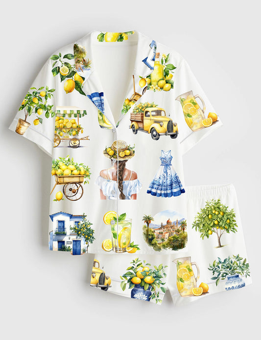 Women’s Watercolor Lemon Fruit Lemon Drop Martini Mediterranean Summer Ocean Beach Vibes Print Short Sleeve Satin Pajama Set