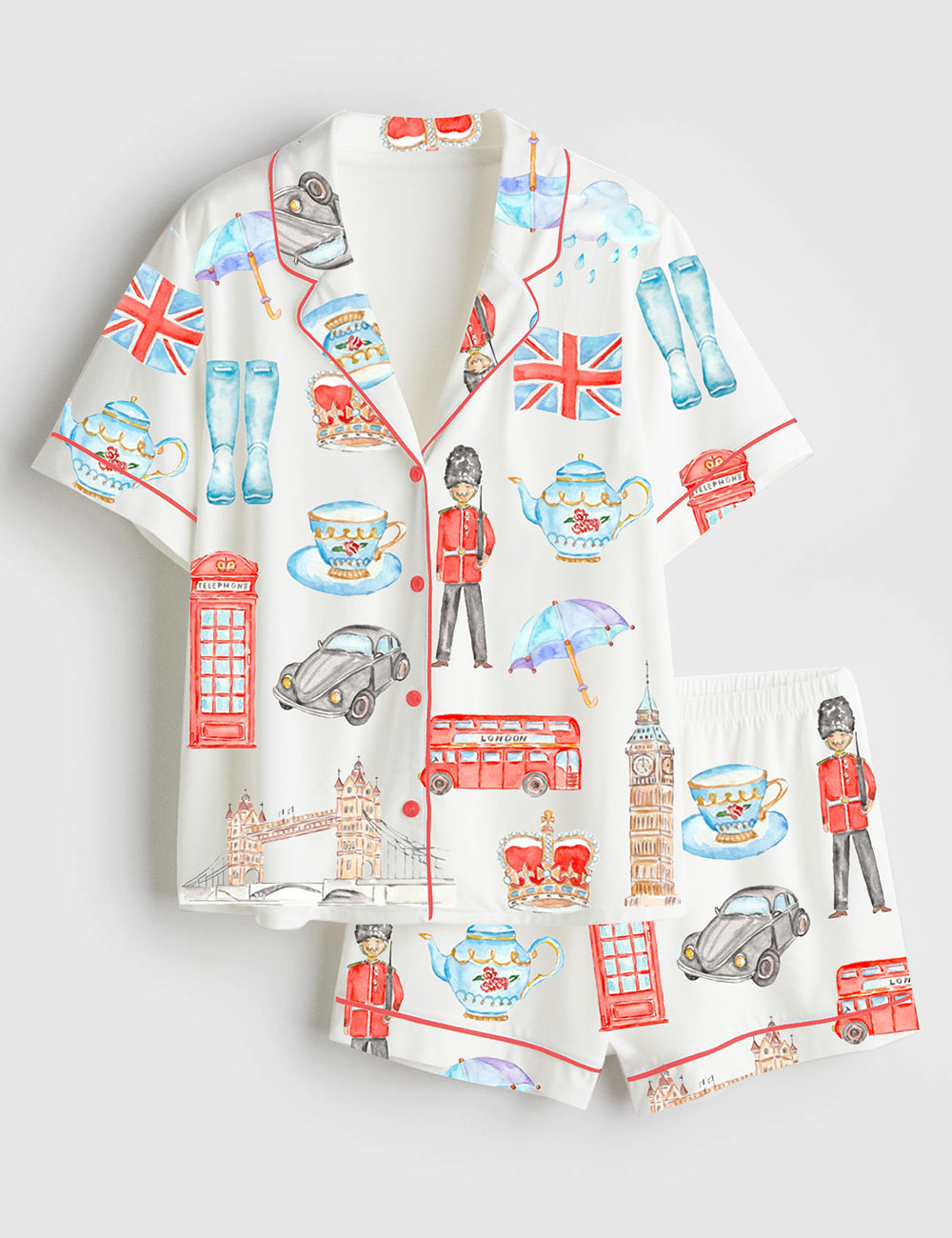 Women’s Watercolor London Art City Bus Sightseen Bridge Telephone Short Sleeve Satin Pajama Set