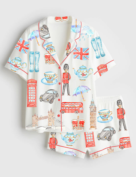 Women’s Watercolor London Art City Bus Sightseen Bridge Telephone Short Sleeve Satin Pajama Set