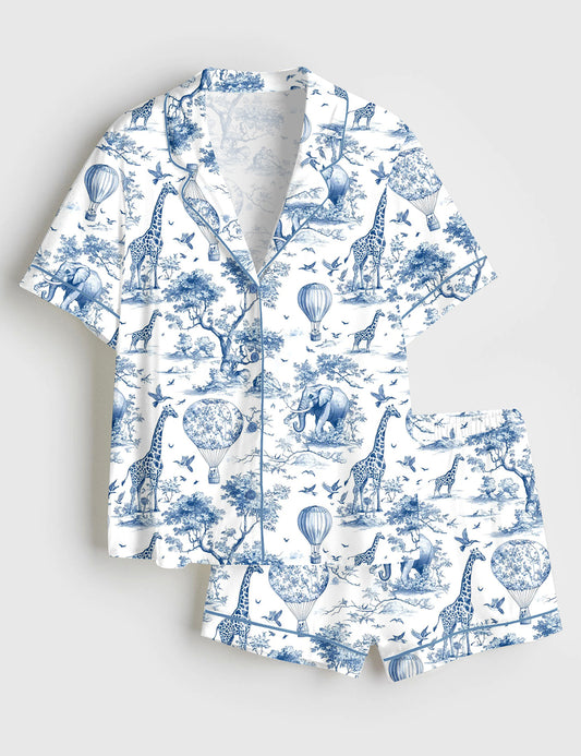 Women’s Giraffe Elephant Short Sleeve Satin Pajama Set