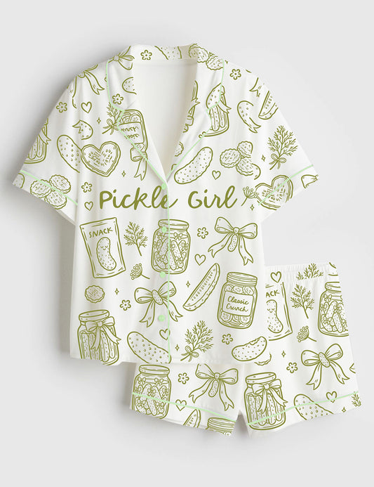 Women’s Pickle Lover Hand Drawn Coquette Pickle Jars Pickle Girls Print Short Sleeve Satin Pajama Set
