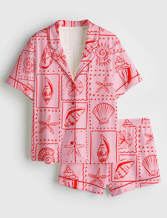 Women’s Repetitive Pink Seashells Summer Preppy Print Short Sleeve Satin Pajama Set