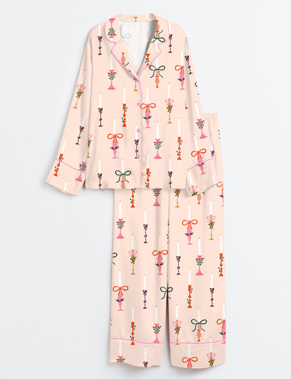 Women’s Christmas Candles Long Sleeve Satin Pajama Set