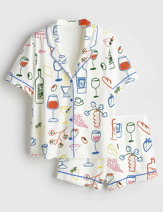 Women's Retro Dinner Table Food and Drinks Short Sleeve Satin Pajama Set