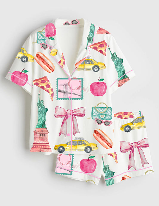 Women’s New York City Girls Trip Vacay Mode Social Club Preppy Cocktail The Big apple States Print Short Sleeve Satin Pajama Set
