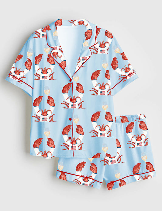 Women’s The Flag Sweater Lobster Coastal Holiday Short Sleeve Satin Pajama Set