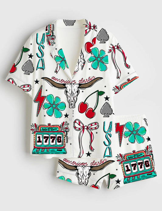 Women’s Western 4th Of July Independence Day America Checkers Coquette Patriotic Print Short Sleeve Satin Pajama Set