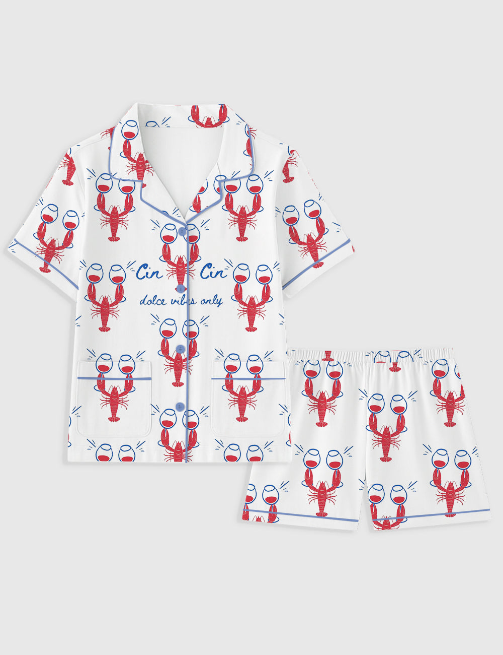 Women's Fisherman Aesthetic Dalce Vibes Coastal Lobster Ocean Italian Girl Travel Wine Champagne Short Sleeve Pocket Cotton Pajama Set