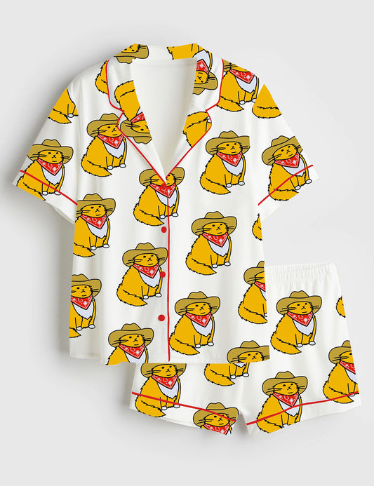 Women’s Cowboy Cat Western Short Sleeve Satin Pajama Set