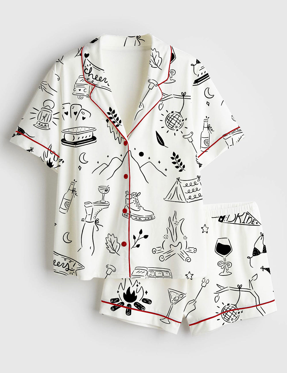 Women’s Camp Bachelorette Hand Drawn Mountain Hiking Glamping Girls Trip Print Short Sleeve Satin Pajama Set