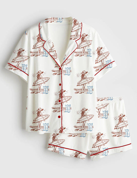 Women’s Stay Salty Coastal Cowgirl Fisherman Aesthetics Summer Ocean Surfboard Print Short Sleeve Satin Pajama Set