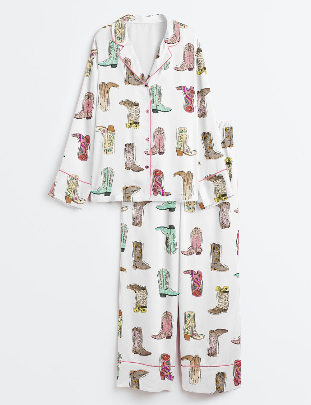 Women’s Retro Western Boots Cowgirl Print Long Sleeve Satin Pajama Set