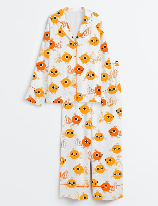 Women’s Cute Goldfish Long Sleeve Satin Pajama Set