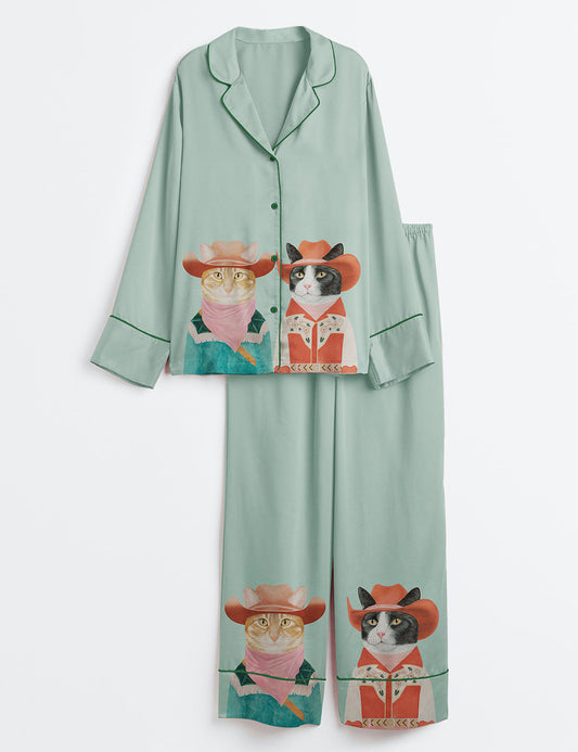 Women’s Western Cowboy Cats Cat Couple Long Sleeve Satin Pajama Set