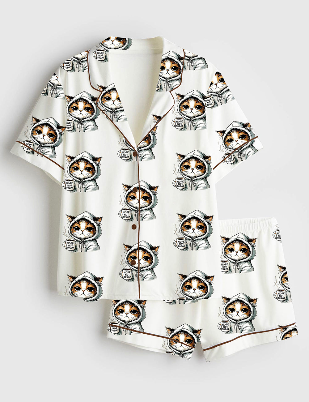 Women’s Nope Not Today Cute Cat Funny Cats Lover Print Short Sleeve Satin Pajama Set