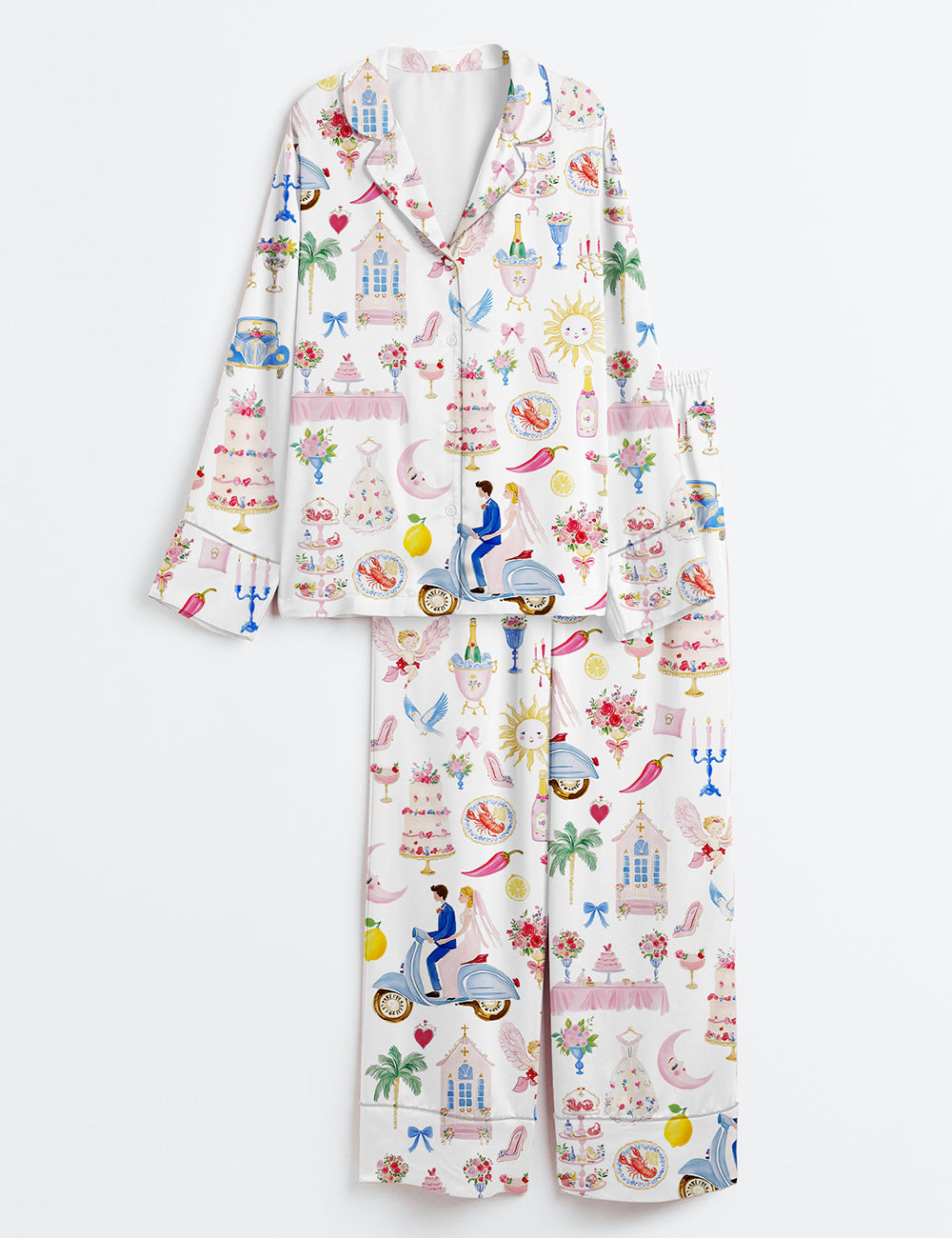 Women’s Whimsical Wedding Pastel Bride Groom Cake Bouquet Food Long Sleeve Satin Pajama Set