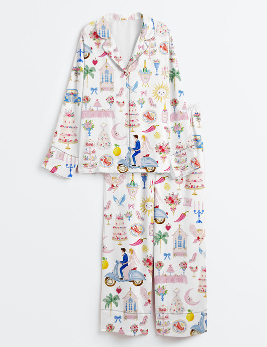 Women’s Whimsical Wedding Pastel Bride Groom Cake Bouquet Food Long Sleeve Satin Pajama Set