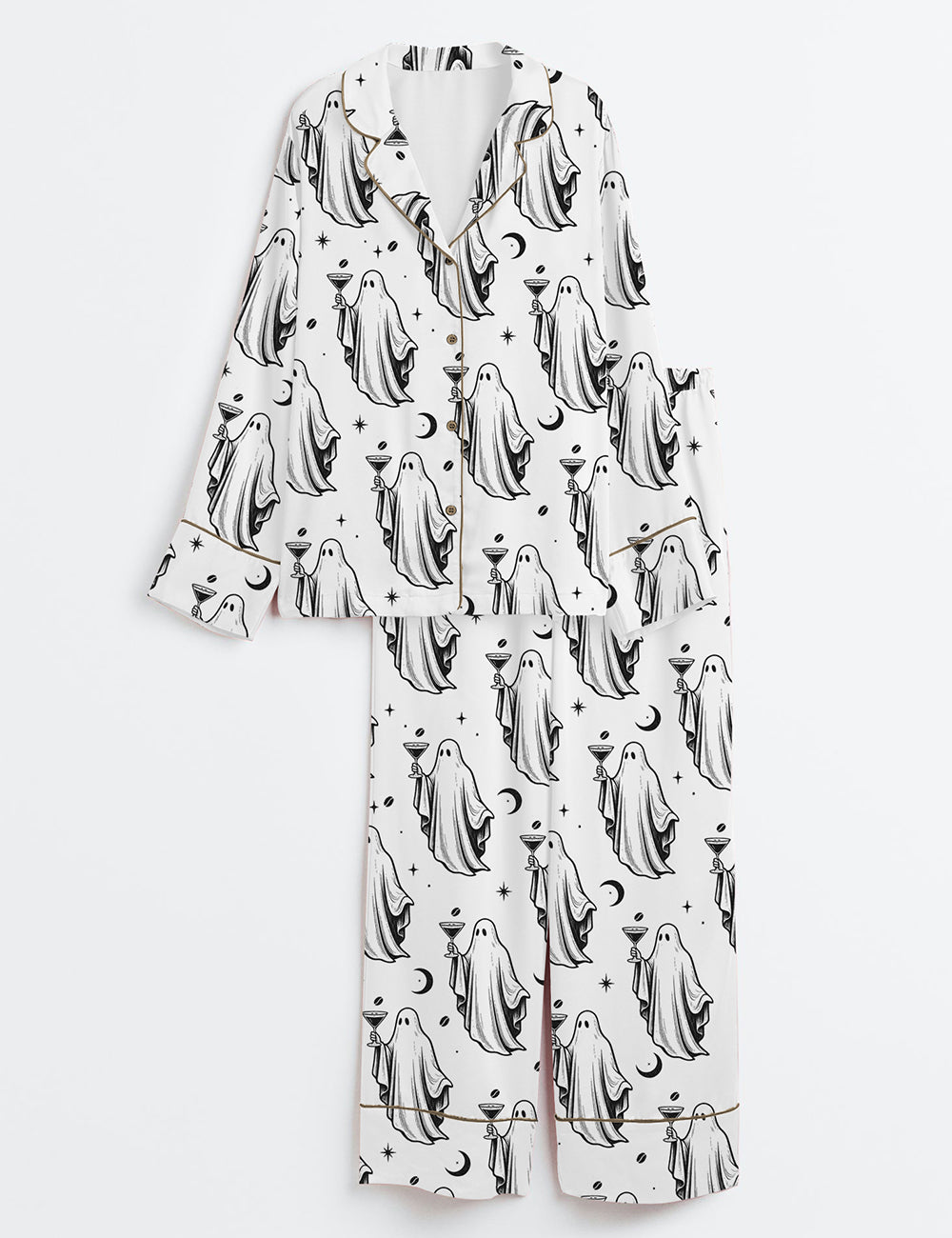 Women’s Halloween Ghost Cocktail Espresso Martini Long Sleeve Satin Pajama Set