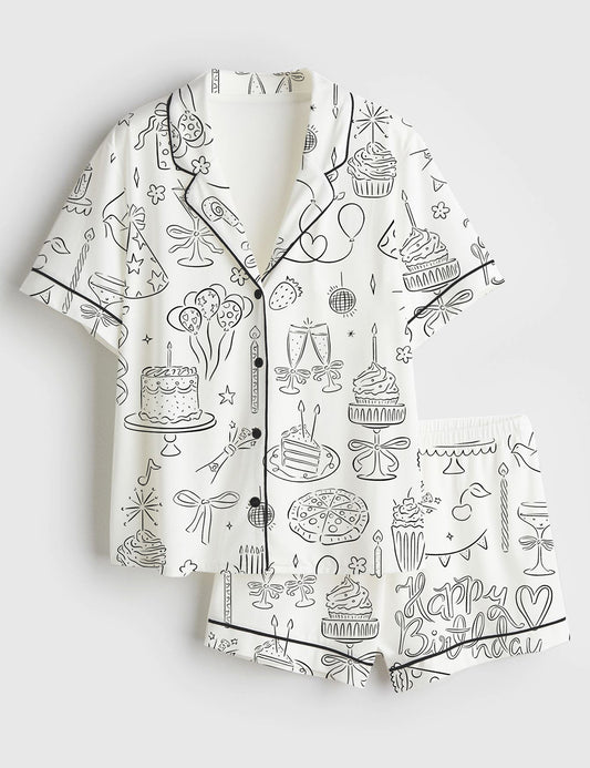 Women’s Whimsical Birthday Hand Drawn Birthday Illustrations Party Doodles Birthday Celebration Short Sleeve Satin Pajama Set