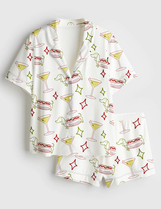 Women’s Dachshund Weenies And Tinis Bachelorette Or Birthday Hot Dogs And Martinis Print Short Sleeve Satin Pajama Set
