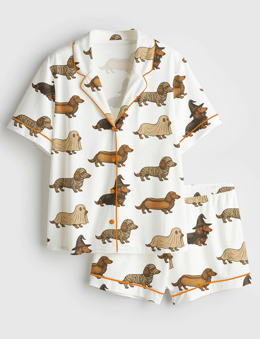 Women’s Dachshund Halloween Weenie Dog Spooky Doxie Lover Short Sleeve Satin Pajama Set