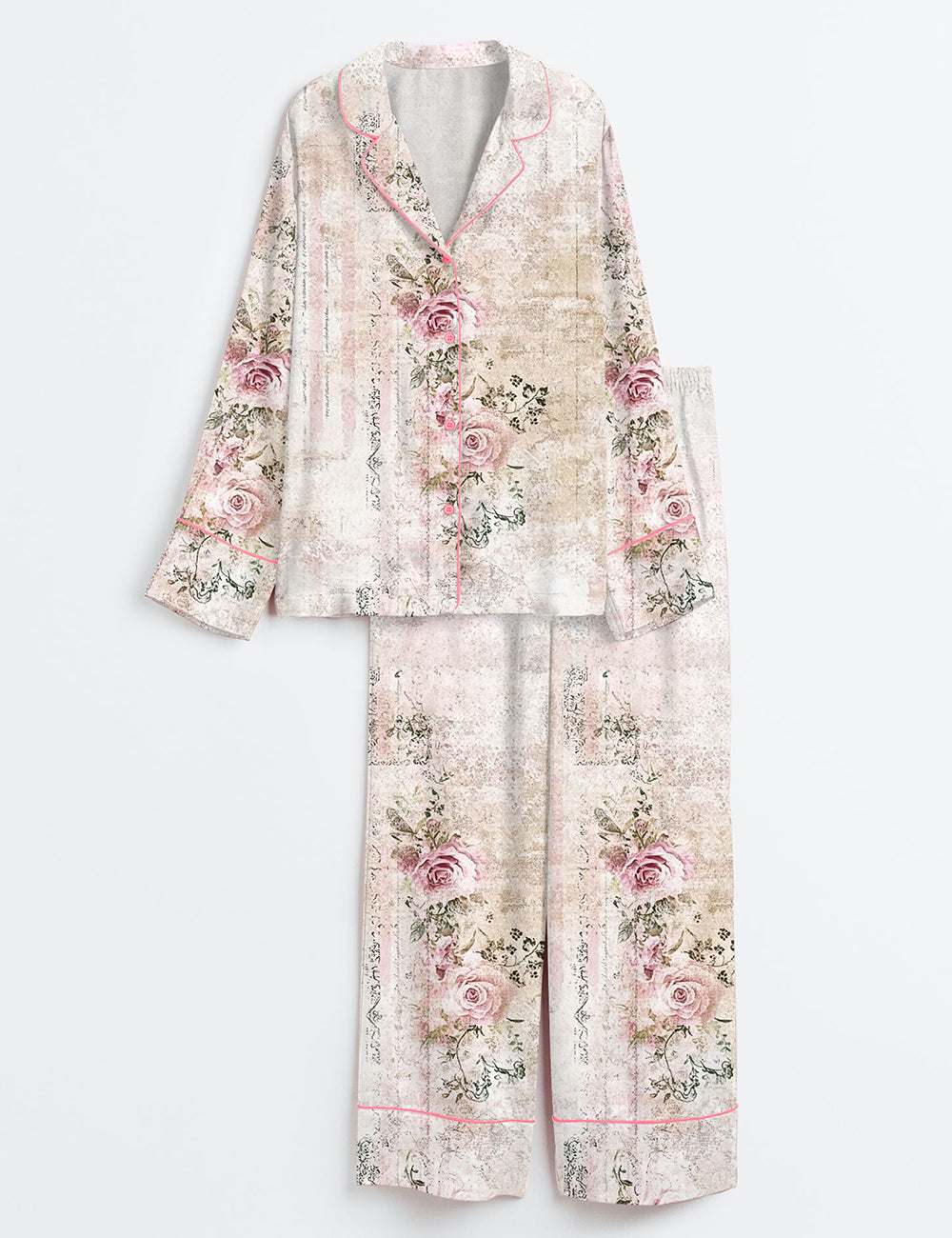 Women’s Vintage Floral Pink Rose Print Long Sleeve Satin Pajama Set