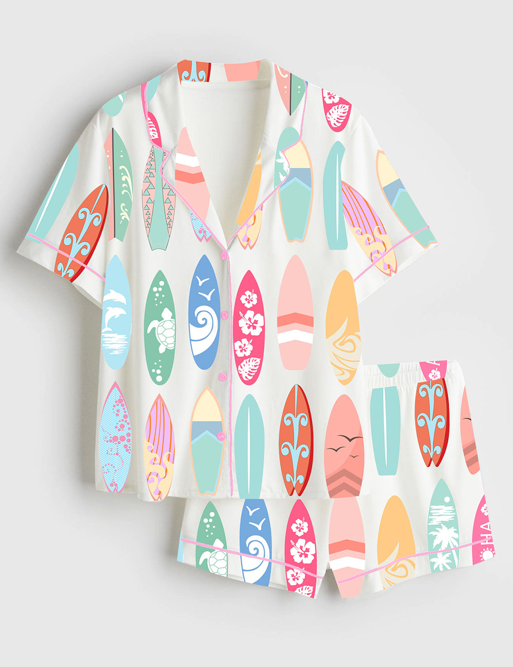 Women’s Surfboard Ocean Wave Summer Beach Sports Surfer Woman Print Short Sleeve Satin Pajama Set