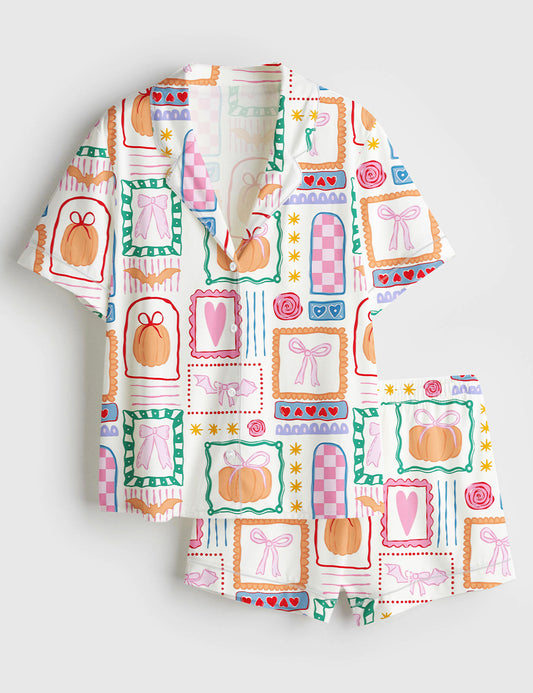 Women’s Girly Halloween Coquette Bows Preppy Halloween Print Short Sleeve Satin Pajama Set