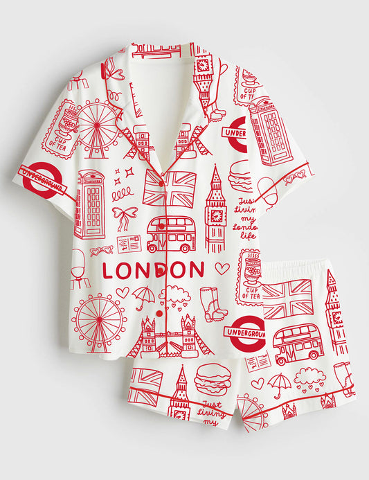 Women’s London Icons London British Landmarks Travel Journal Short Sleeve Satin Pajama Set