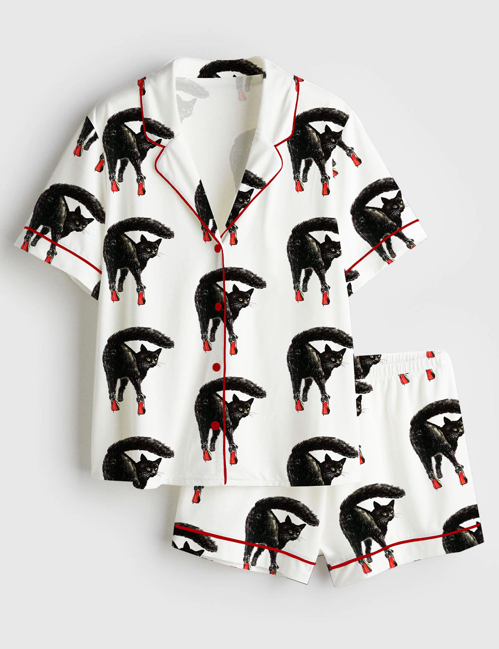 Women’s Black Cat Wearing High Heels Short Sleeve Satin Pajama Set
