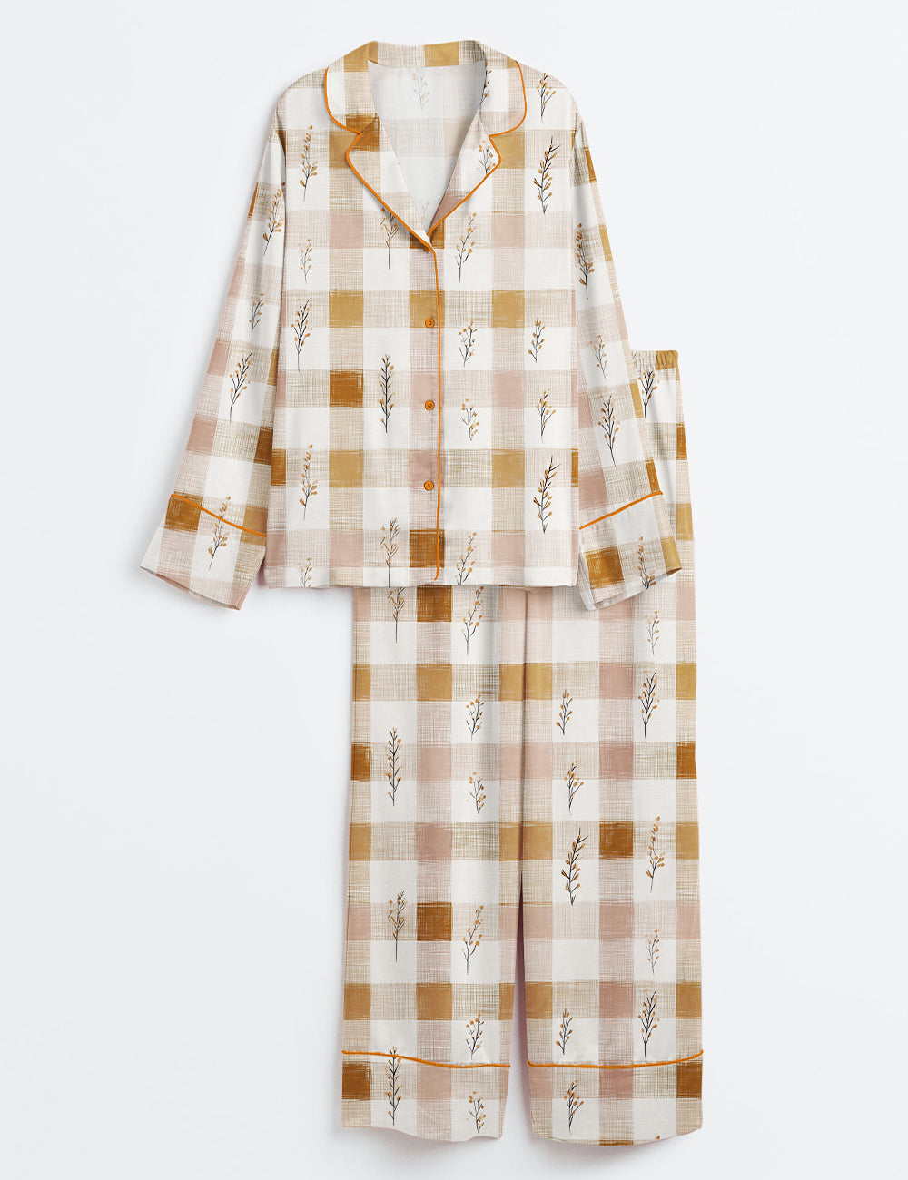 Women’s Autumn Boho Minimalist Fall Checkered Retro Thanksgiving Long Sleeve Satin Pajama Set