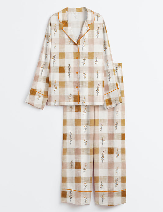 Women’s Autumn Boho Minimalist Fall Checkered Retro Thanksgiving Long Sleeve Satin Pajama Set