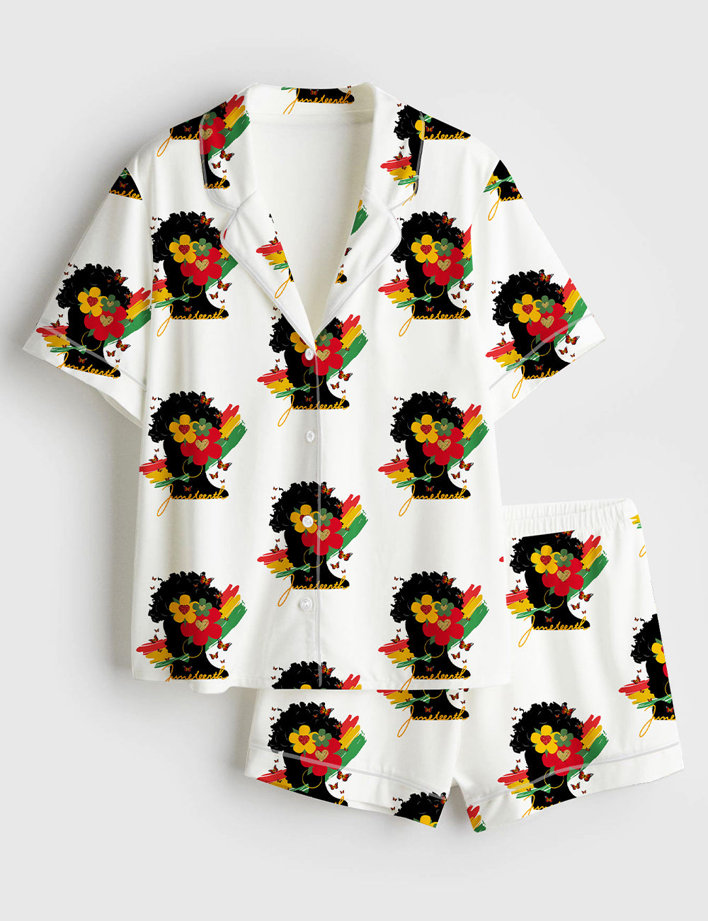 Women’s Afro Messy Bun Juneteenth Black Woman Freedom Short Sleeve Satin Pajama Set