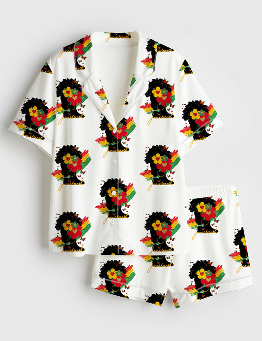 Women’s Afro Messy Bun Juneteenth Black Woman Freedom Short Sleeve Satin Pajama Set