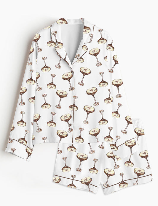 Women's Espresso Martini Long Sleeve Short Pants Satin Pajama Set
