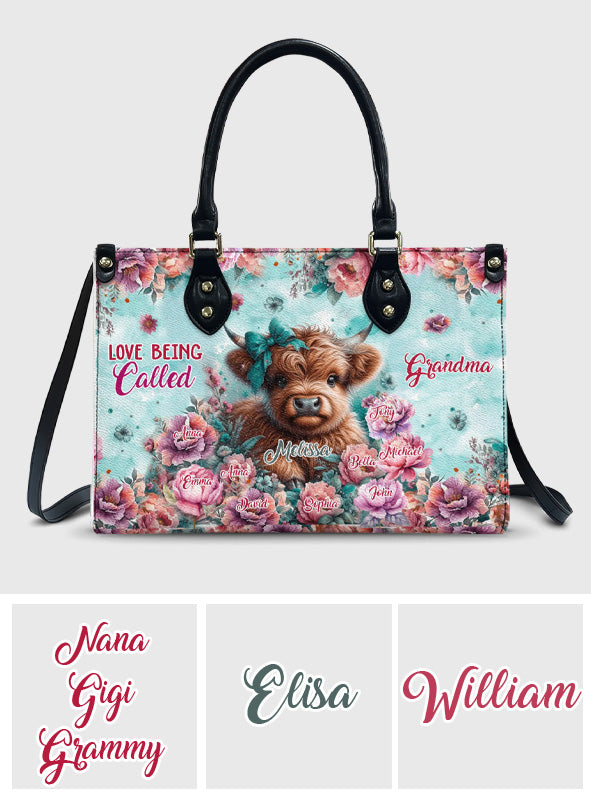Love Being Called Grandma Highland Cow - Personalized Leather Handbag