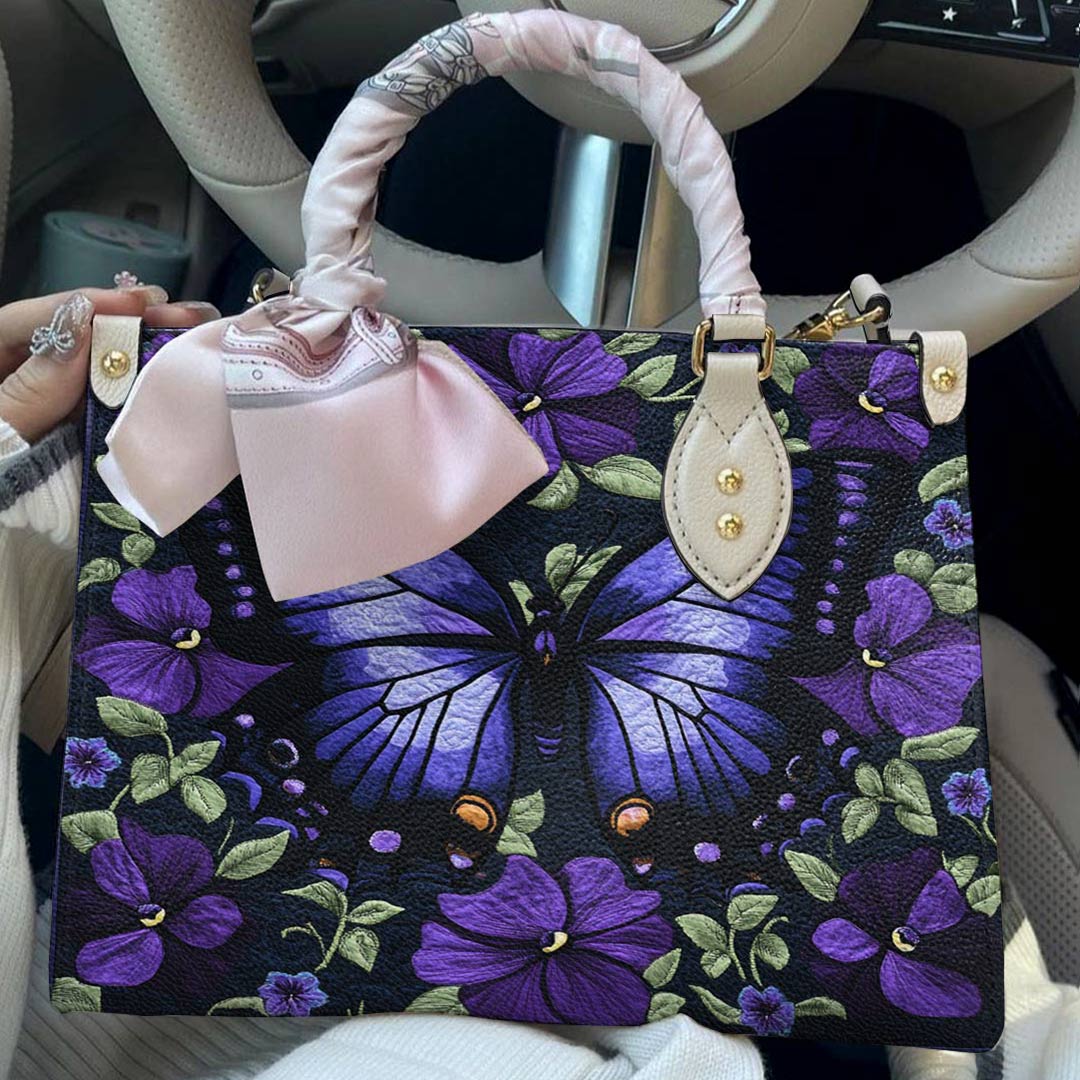 Leather Bag Purple Floral Butterfly