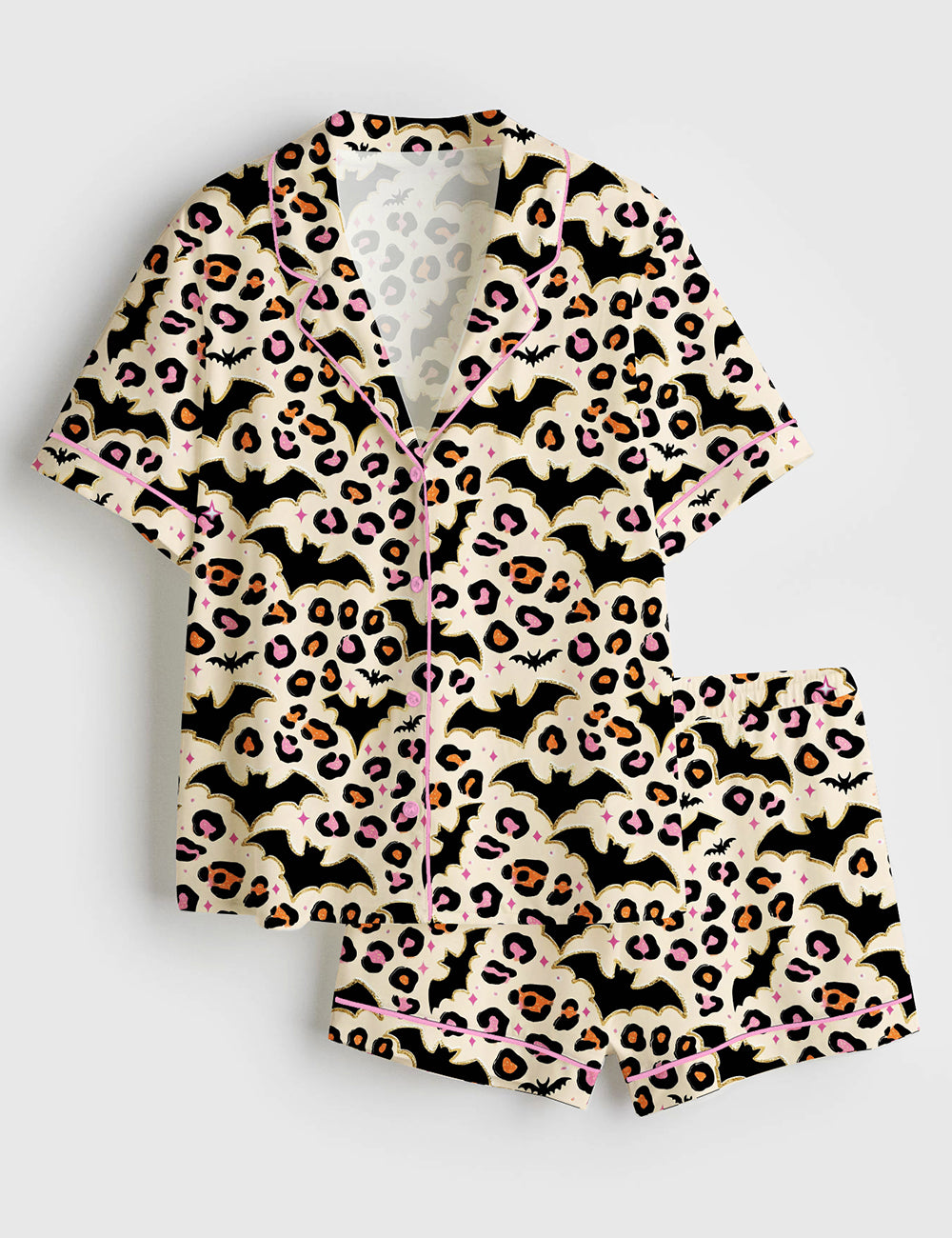 Women’s Halloween Bat Leopard Short Sleeve Satin Pajama Set