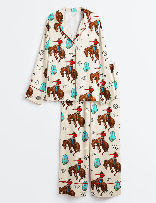 Women’s Western Cowboy Cowgirl Horse Riding Long Sleeve Satin Pajama Set