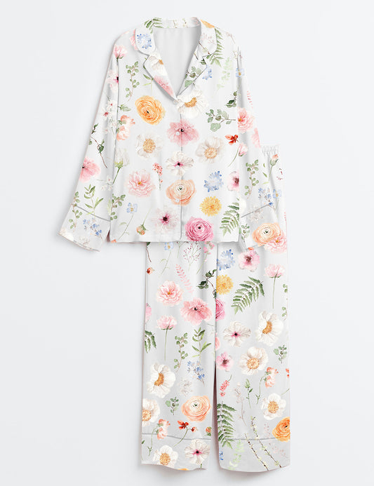 Women’s Romance Floral Watercolor Flower Wedding Flower Watercolor Bouquet Spring Flower Print Long Sleeve Satin Pajama Set