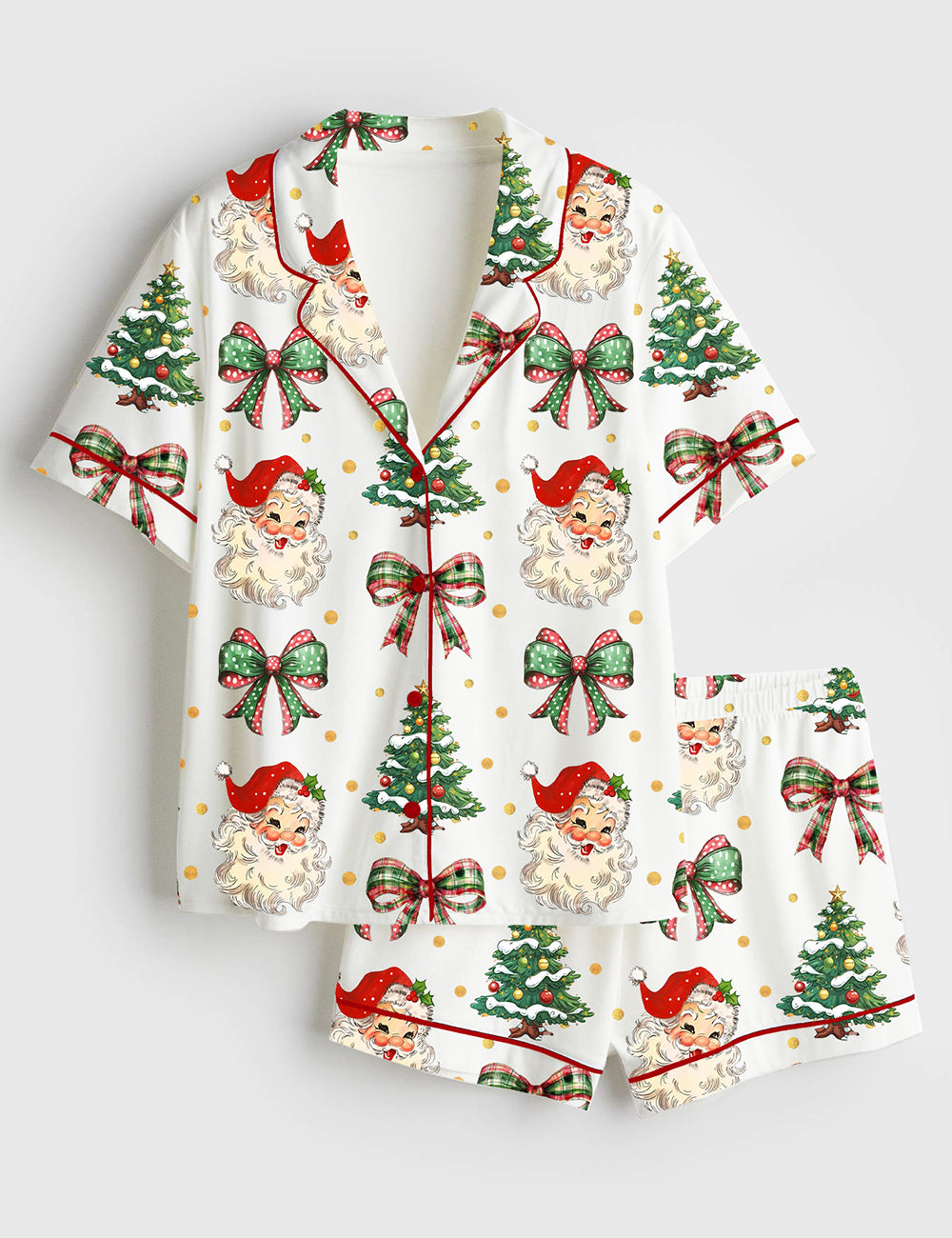 Women’s Coquette Christmas Santa Christmas Tree On Gold Dots Short Sleeve Satin Pajama Set