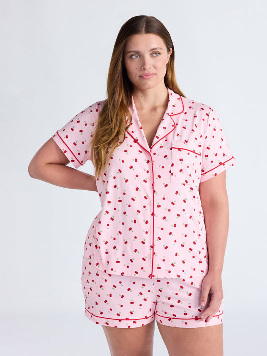 Joyspun Women’s Dreamy Soft Collection Notch Collar Knit Top and Boxer Shorts Pajama Set, Sizes XS-3X