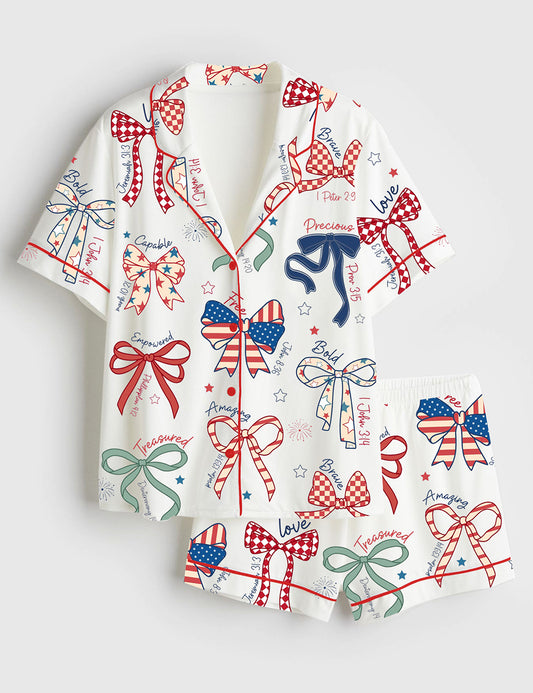 Women’s America Coquette USA 4th Of July Girly Patriotic Independence Day Print Short Sleeve Satin Pajama Set